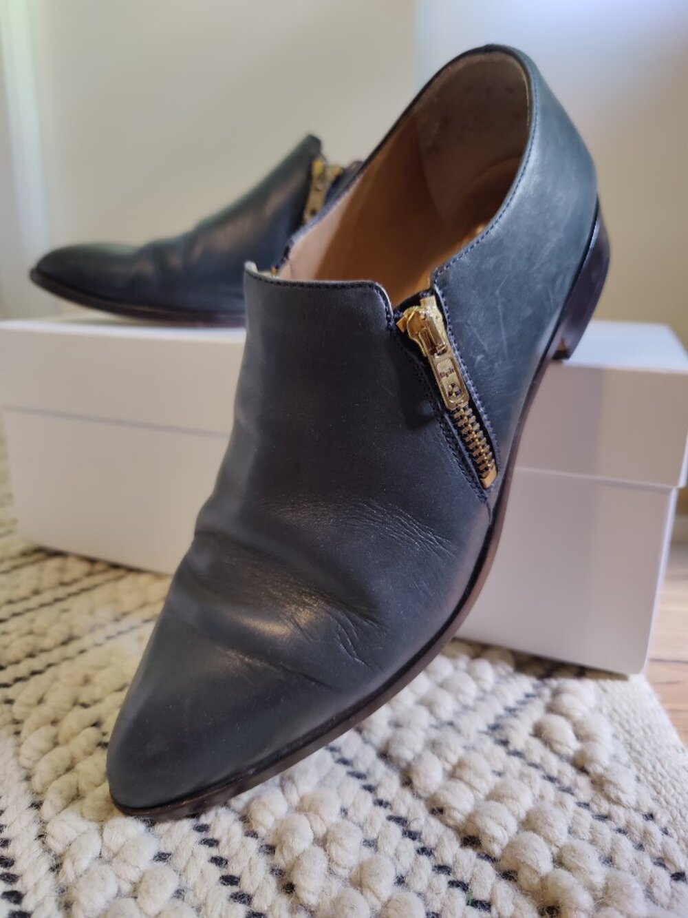 Navy Blue J Crew Leather Ankle Boots with Zippers Size 8